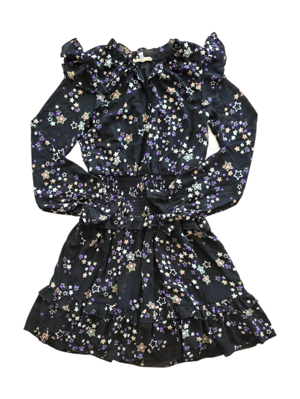 Hannah Banana Black Star-Print Ruffle Dress with Purple & Cream Stars Teen 14